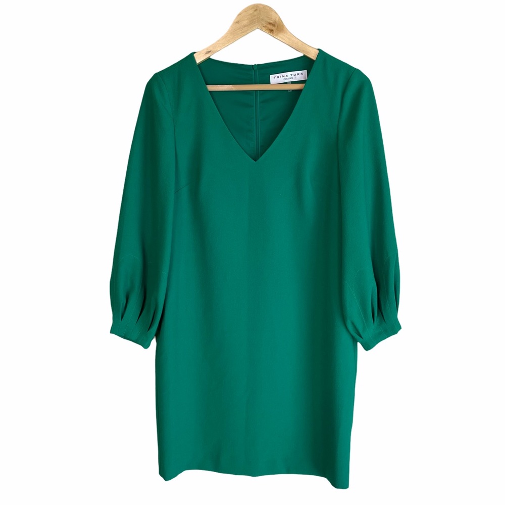 Trina Turk Green Shift A-Line V-Neck Long Sleeve Dress